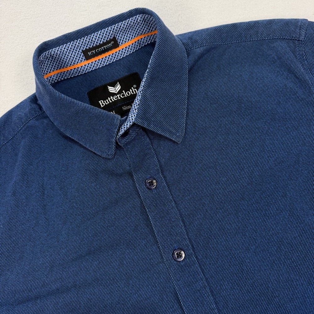 Butter Cloth Icy Cotton Mens Medium Blue Slim Fit Button Up Short Sleeve Shirt